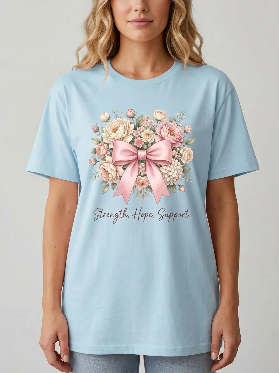 Women's Breast Cancer Awareness Floral Bow Printed T-shirt
