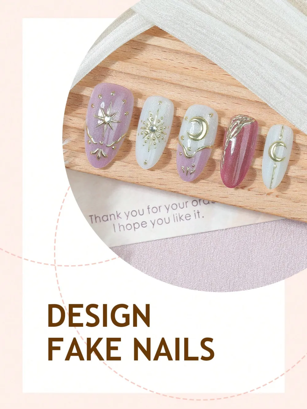Nailhour 30pcs Nude Almond Cat Eye Star & Moon False Nails