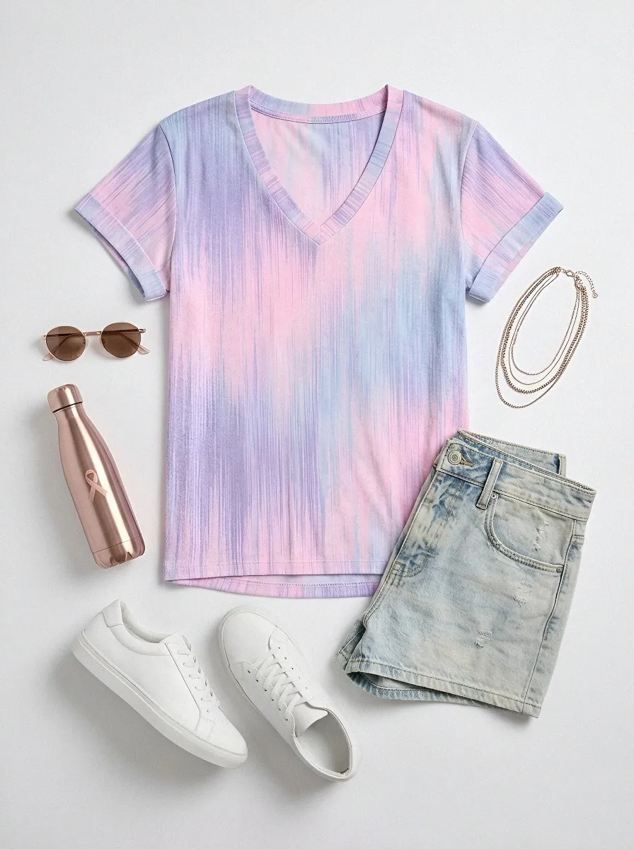 Women's Breast Cancer Awareness Pink Purple Vertical Stripe Printed V-neck T-shirt