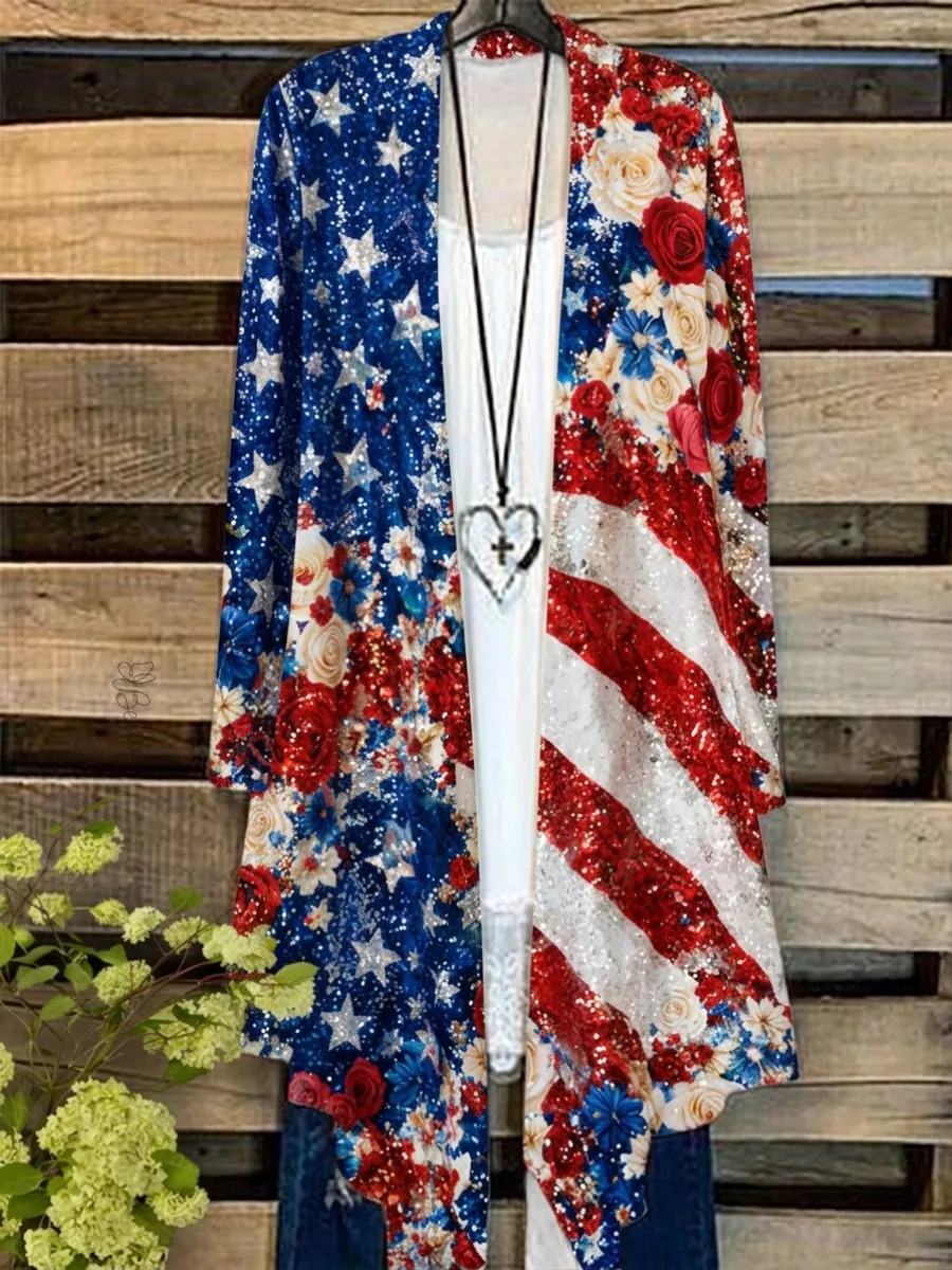 Women's Independence Day Printed Casual Cardigan