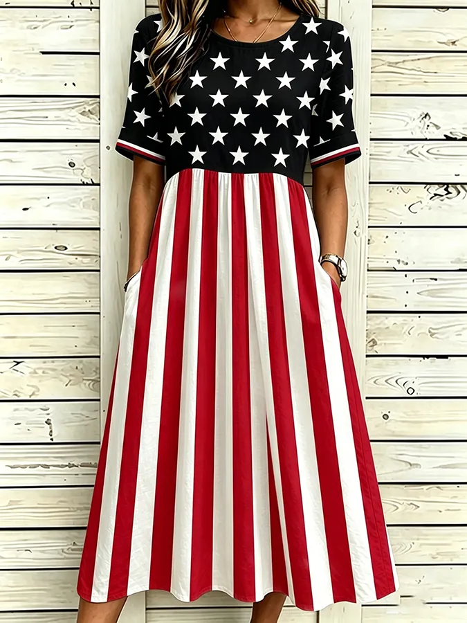 Women's America Flag Prints Cotton Linen Short-Sleeved Dress
