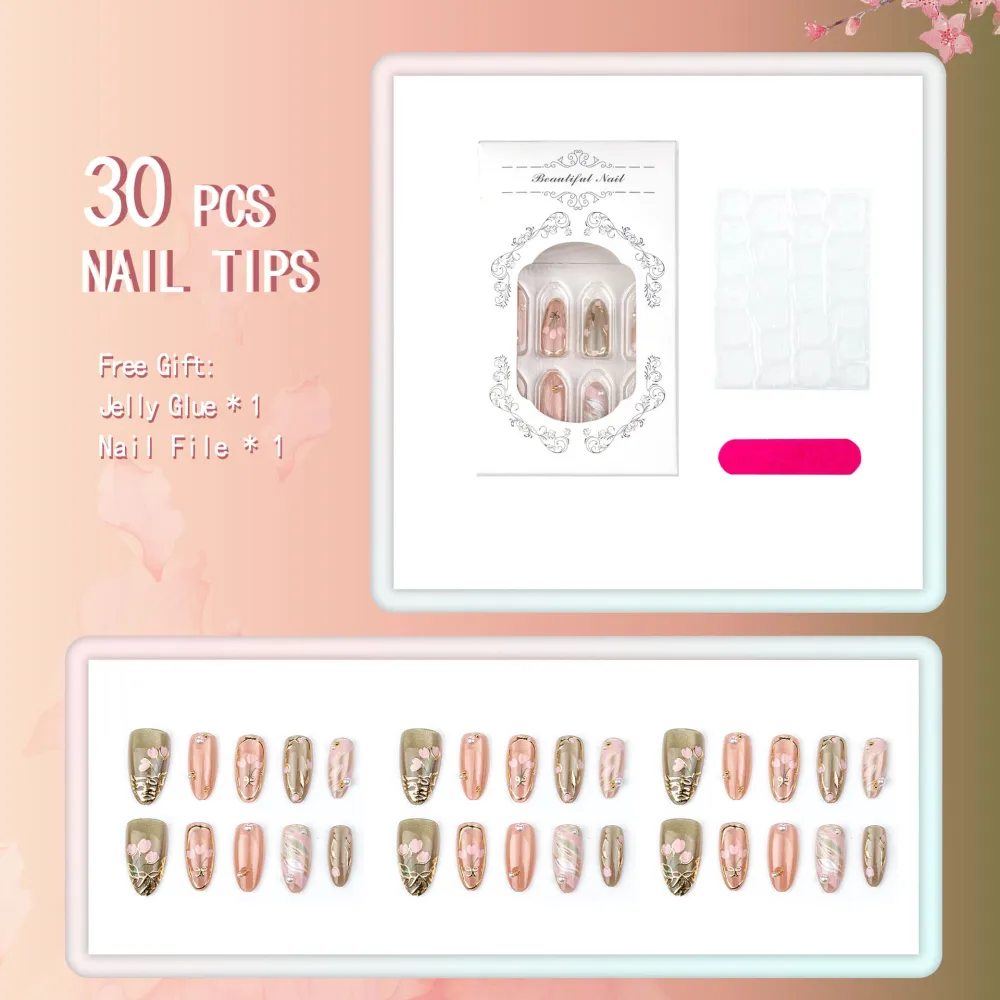 Nailhour 30Pcs Gilded Floral Medium Almond French Press On Nails