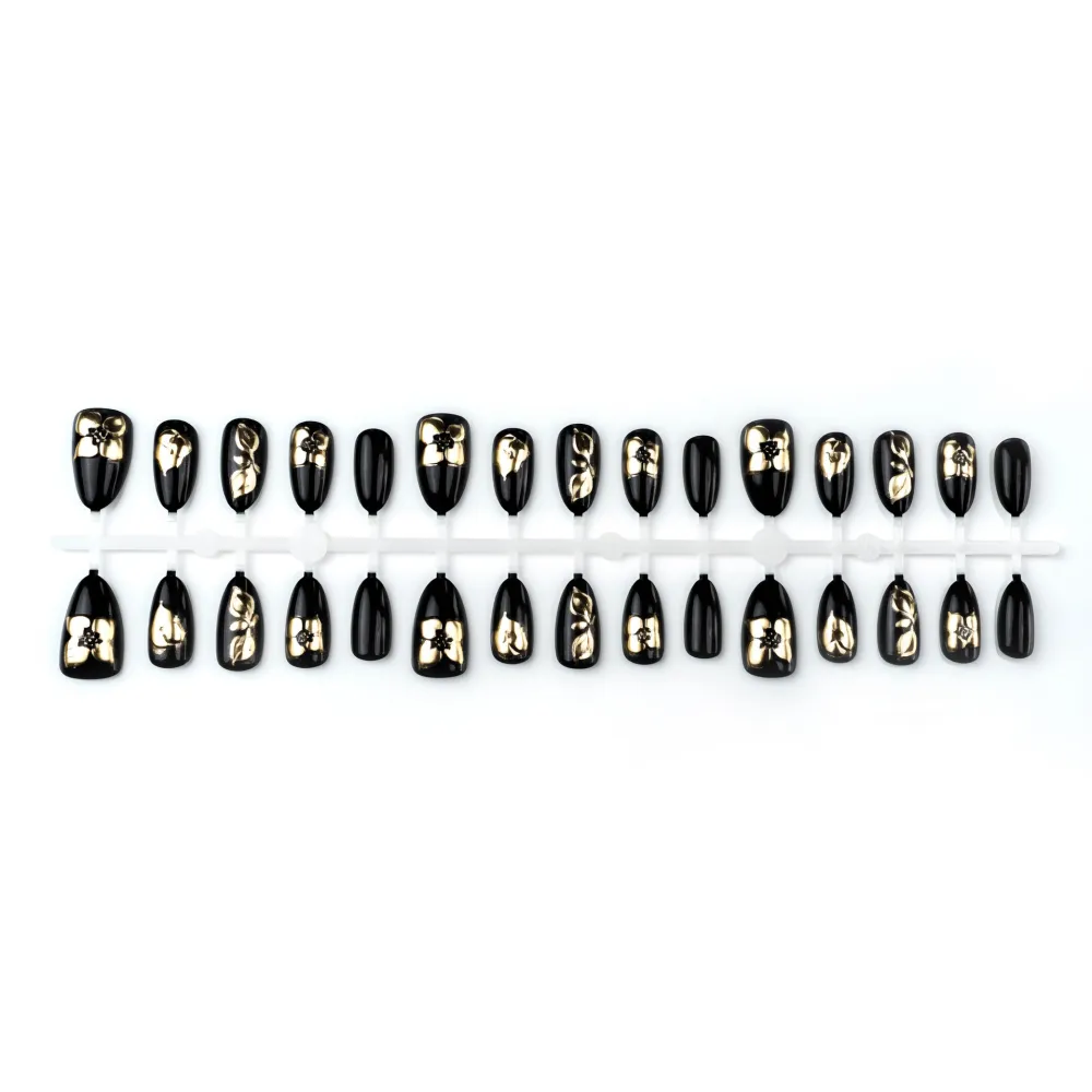 Nailhour 30Pcs Black Gilded Medium Almond Press On Nails