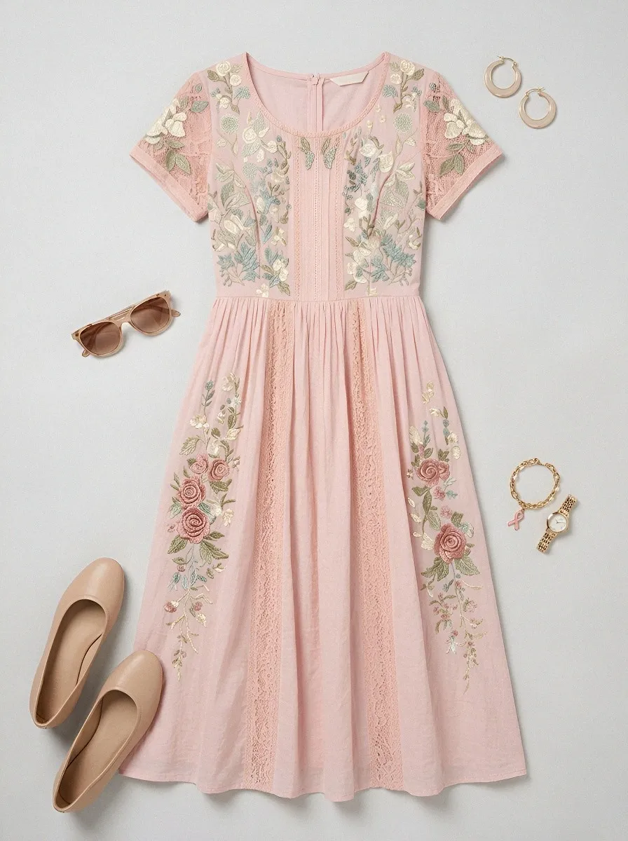 Women's Breast Cancer Awareness Pink Rose Floral Embroidered Printed Dress