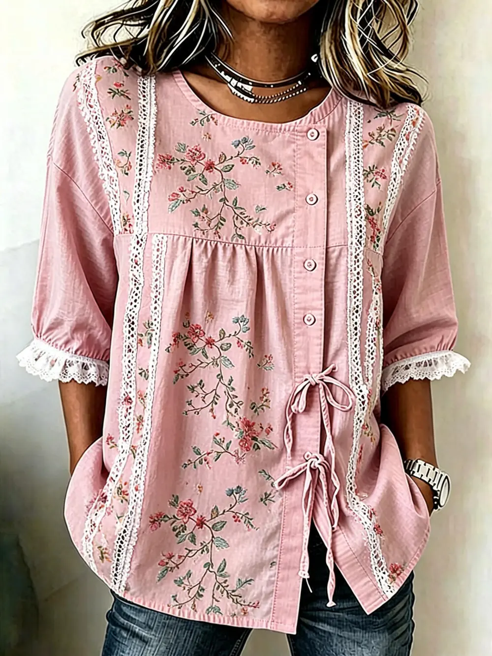 Women's casual floral cotton linen short sleeved shirt