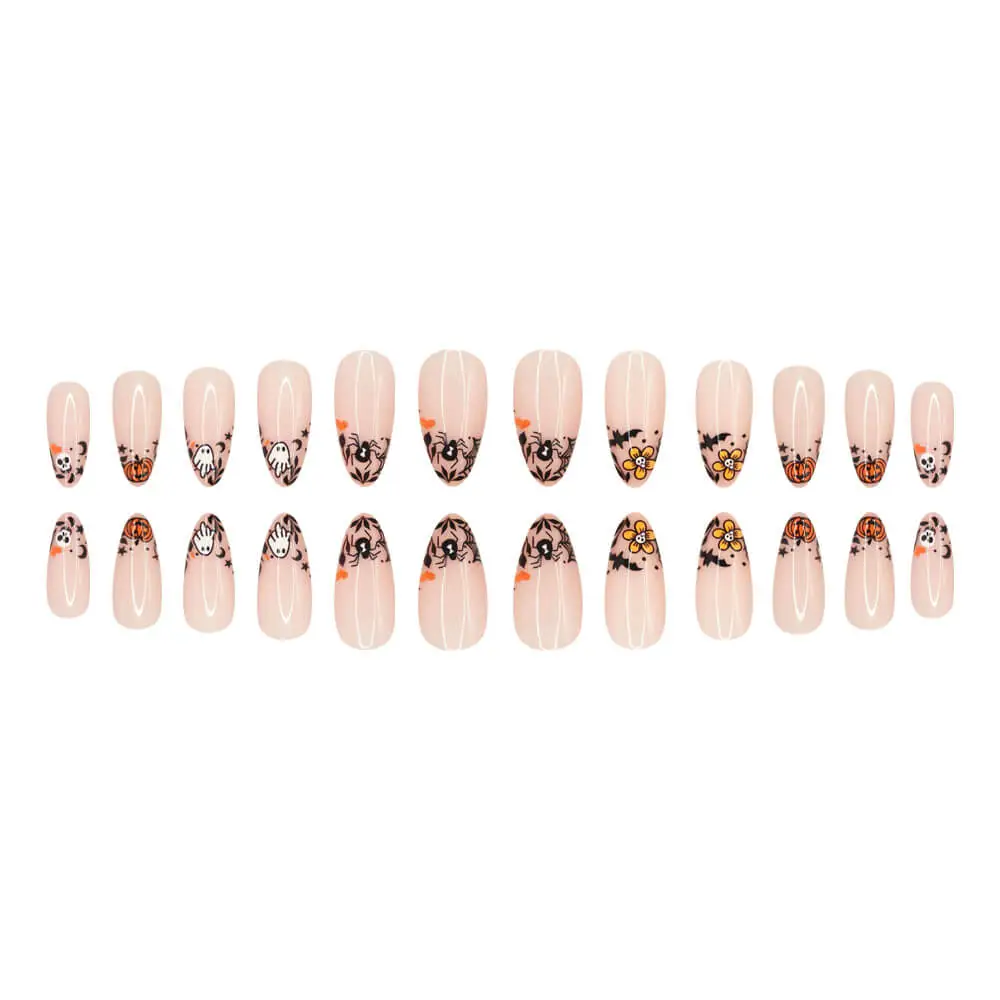 Nailhour 24Pcs Halloween Short Almond French Pumpkin Press On Nails