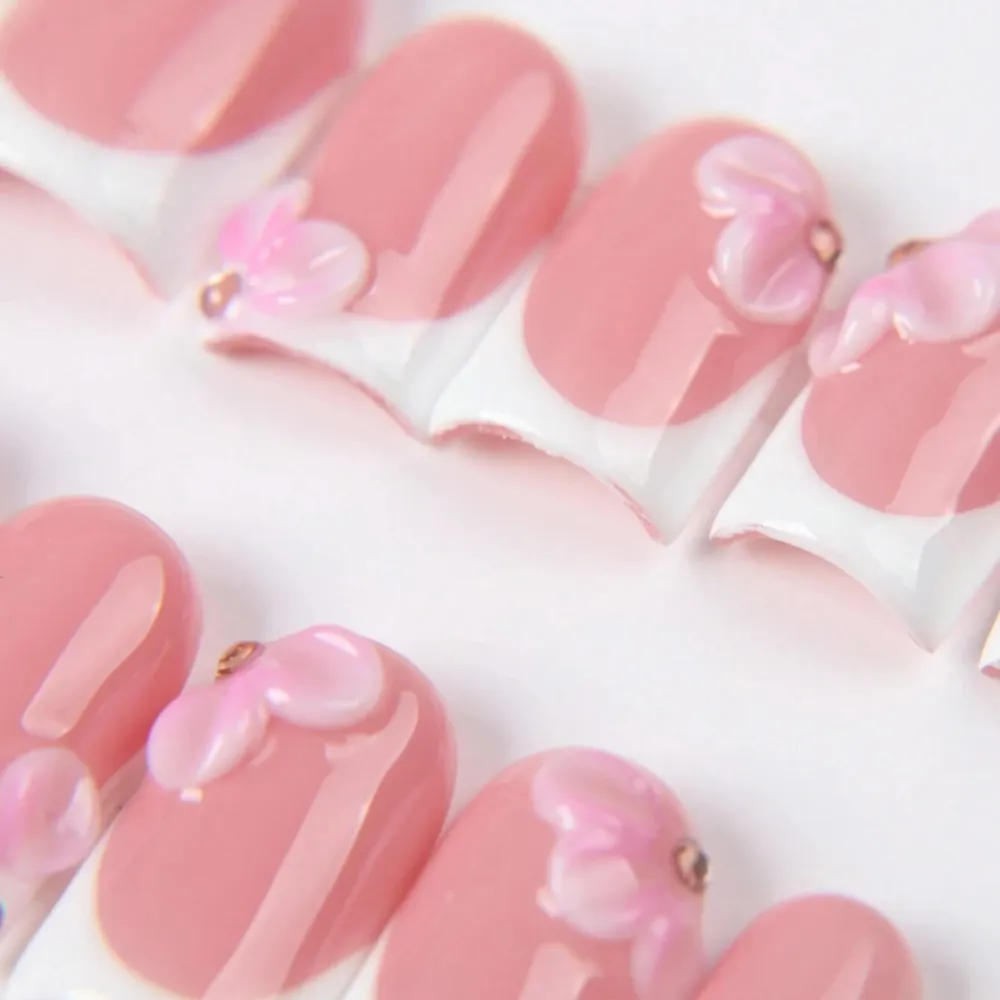 Nailhour 10Pcs Handmade Short Square French Style With 3D Flower Press On Nails