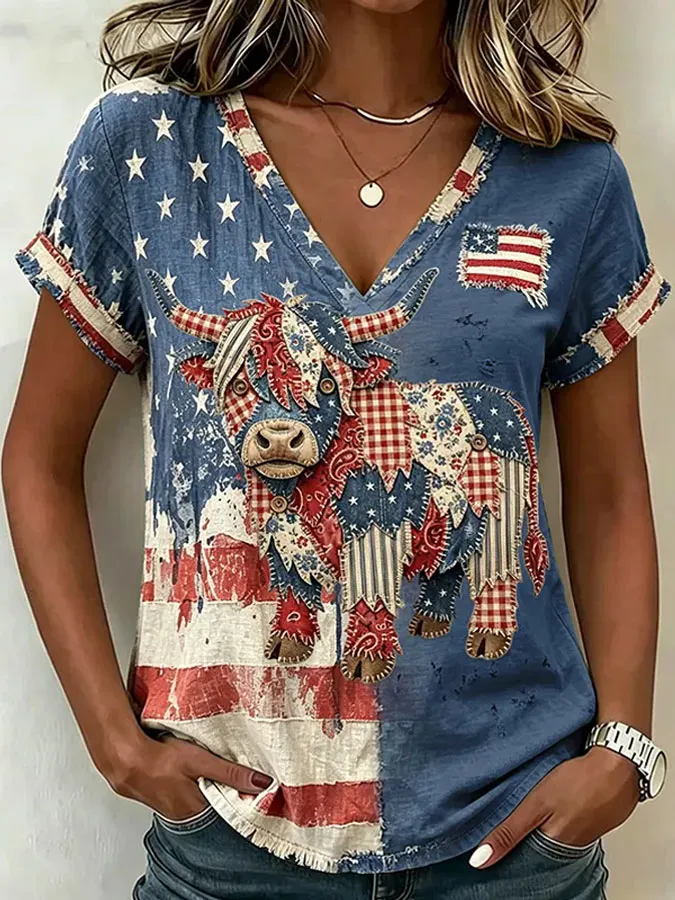 Women'S America Flag Print Casual V-Neck T-Shirt