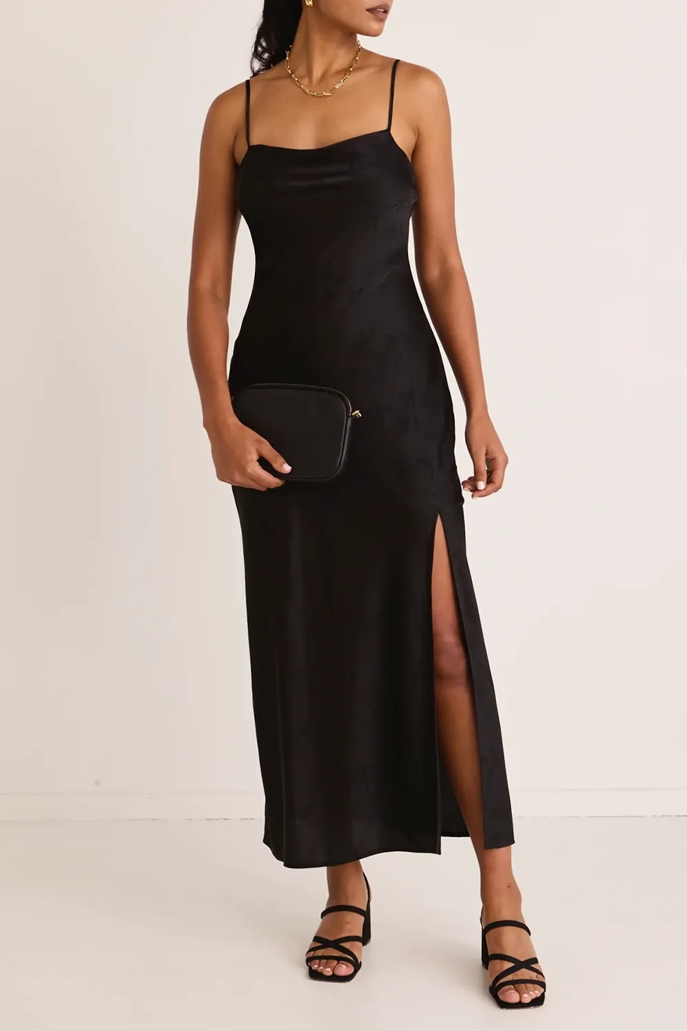 Black Jacquard Satin Strappy Maxi Dress