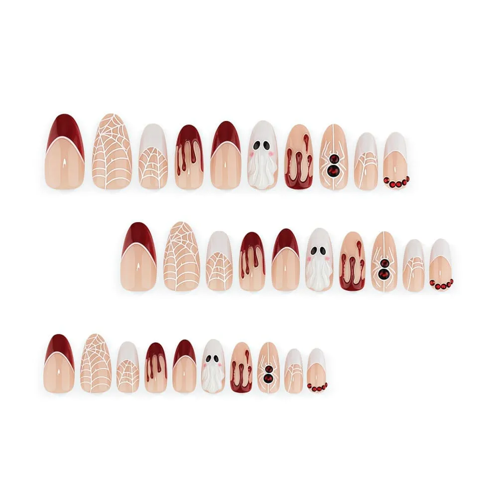 Nailhour 30Pcs French Cute Ghost Black And Red Halloween Medium Almond Press On Nails