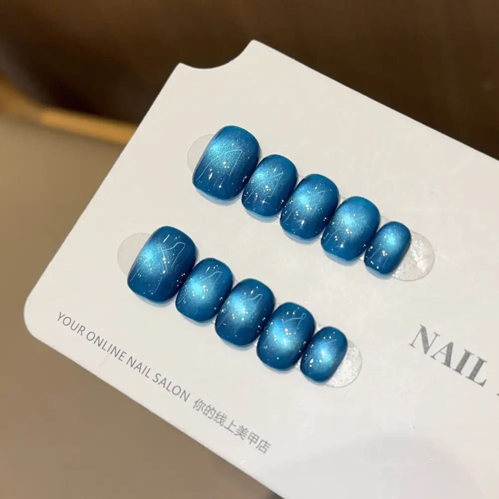 Nailhour 10Pcs Handmade Blue Cat Eye Short Squoval Press On Nails