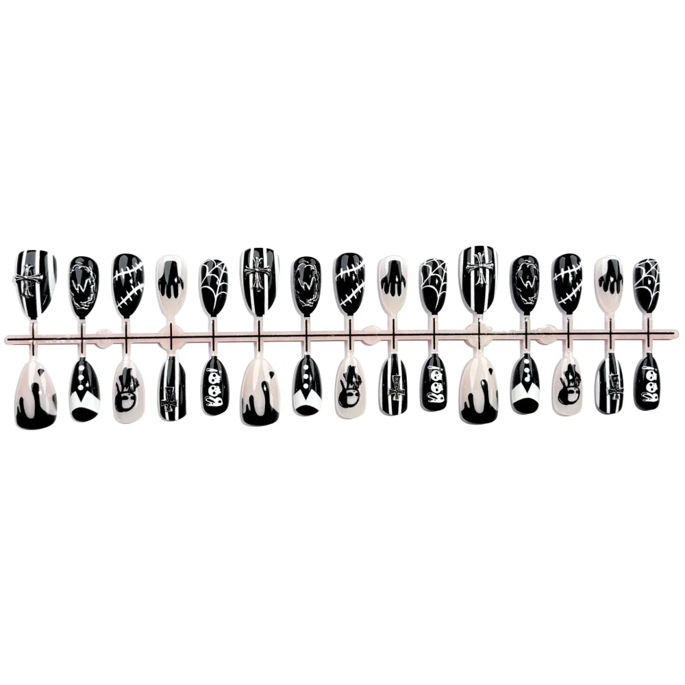 Nailhour 30Pcs Halloween Dark Metallic Medium Almond French Press On Nails
