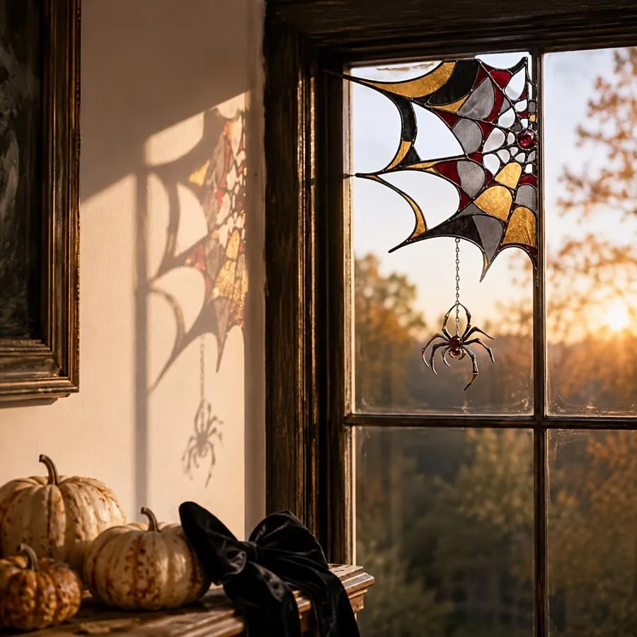 5Pcs Halloween Retro Stained Dlass Spider Web Pattern Window Sticker