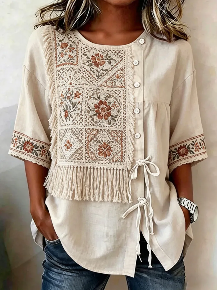 Vintage Fringe Floral Embroidery Design Women's Linen Shirt