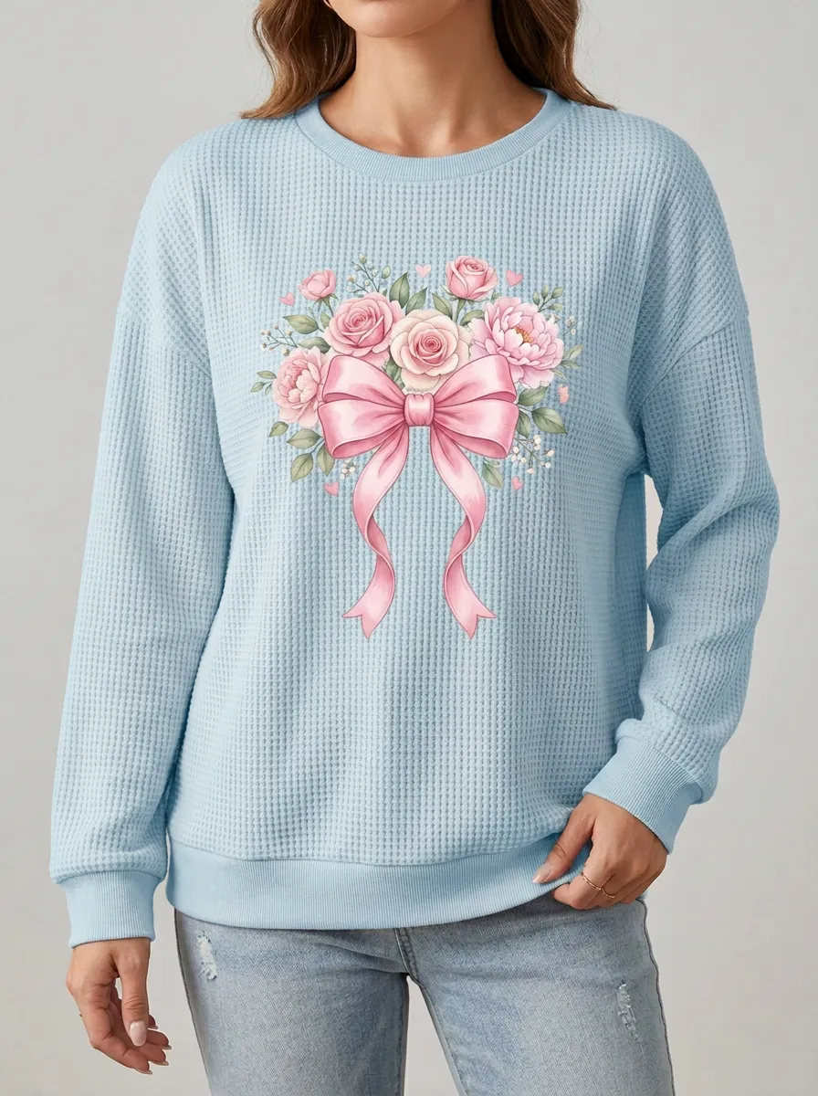 Women's Breast Cancer Awareness Pink Ribbon Floral Bow Printed Sweatshirt