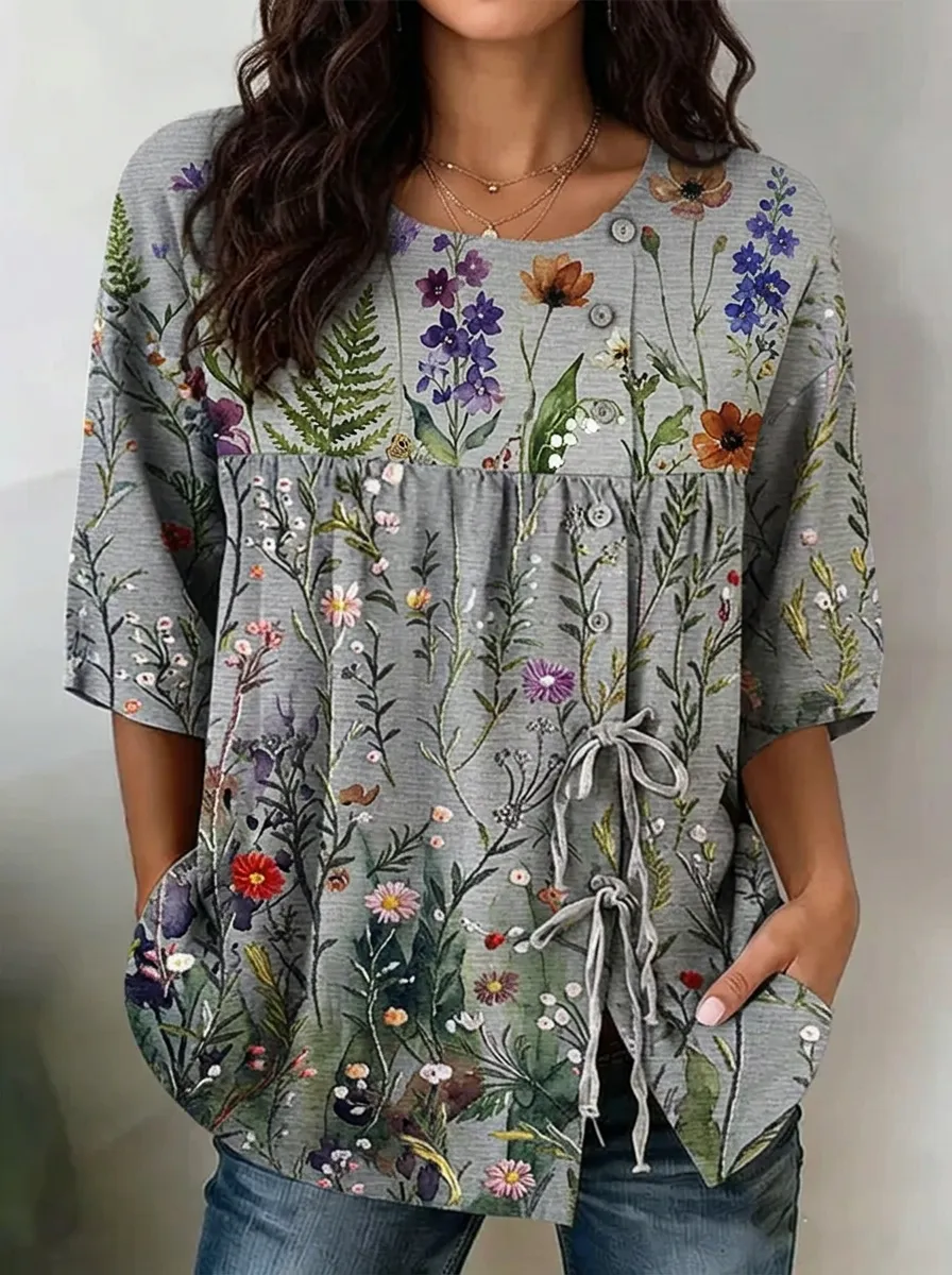 Wildflower Meadow Print Peplum Blouse - Asymmetrical Tie-Front Top with Pockets