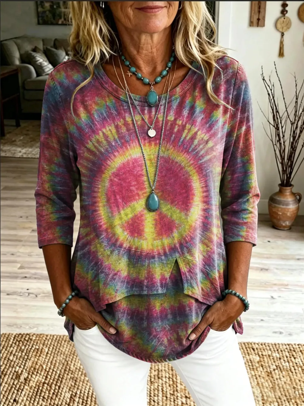 Women's Tie-dye Hippie-print Casual Round-neck T-shirt
