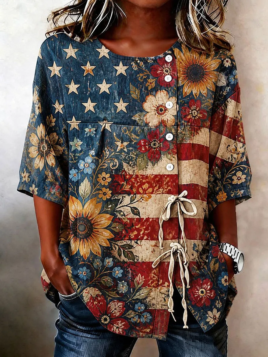 Women's Cotton Linen USA 250th Anniversary Print Shirt