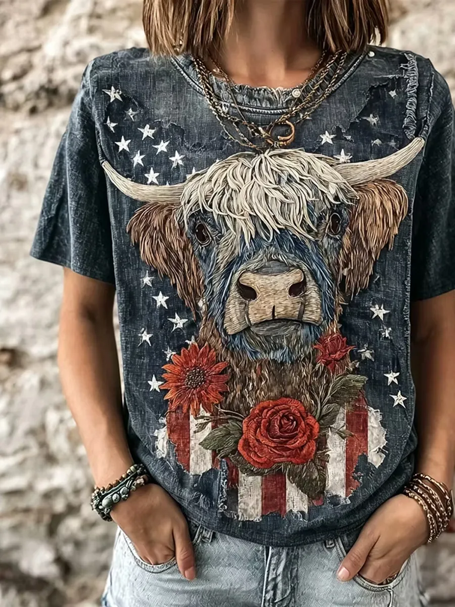 American Flag and Highland Cow Patchwork Design Women's Vintage T-Shirt
