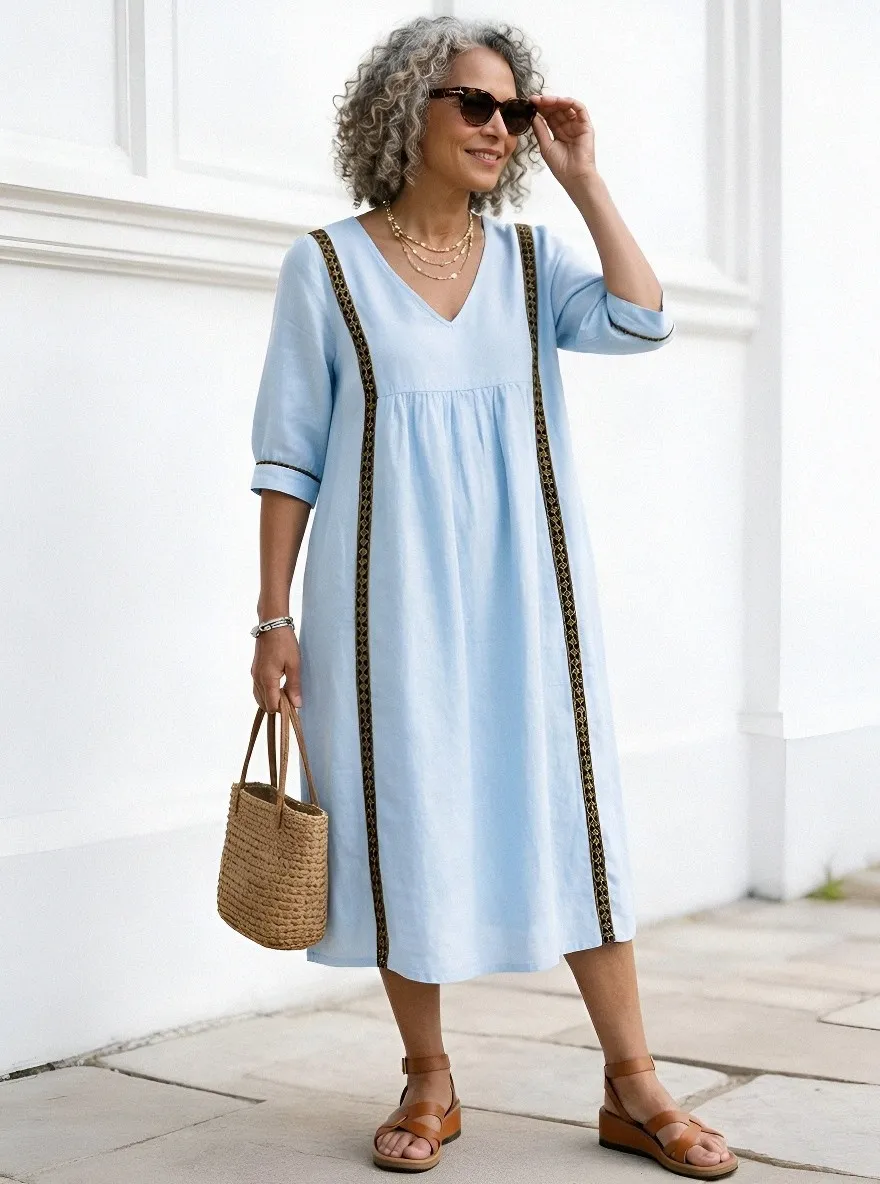 Women's Summer Vacation Navy Blue Embroidered Trim Linen Midi Dress