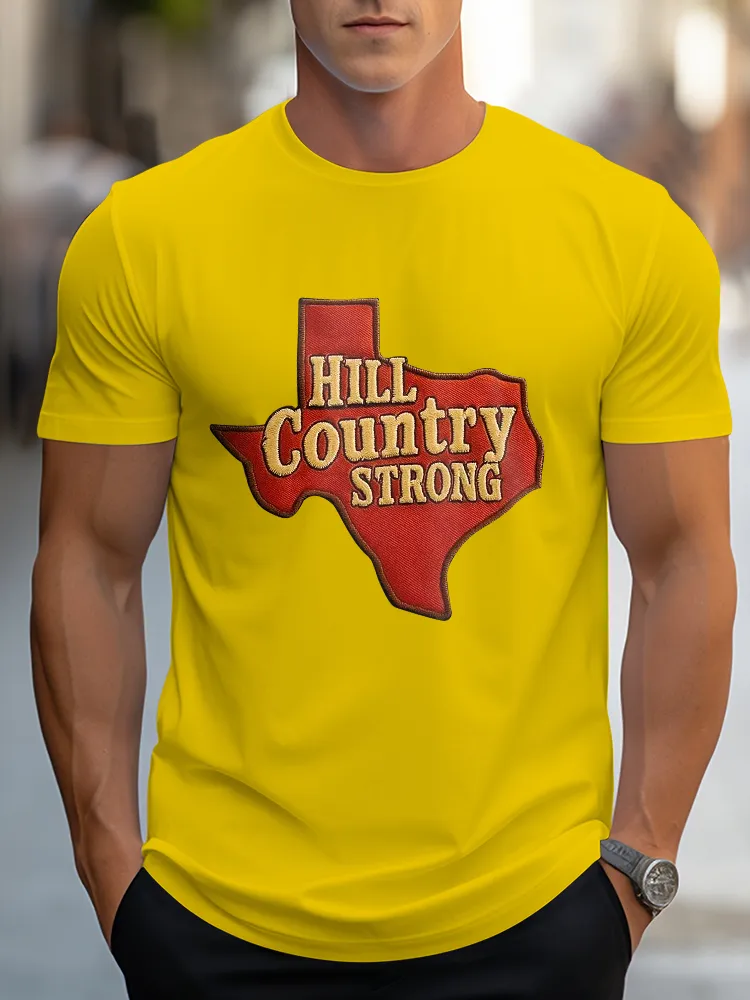 Men'S Casual Style HILL COUNTRY STRONG Simple Round Neck Slim Fit T-Shirt