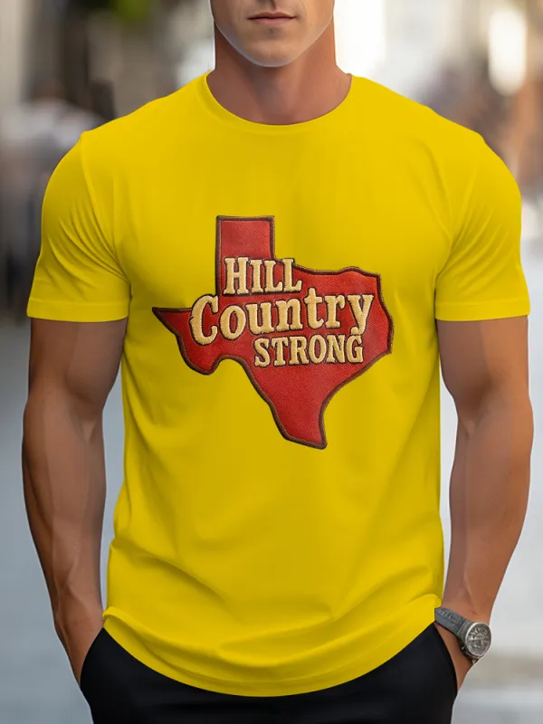 Men'S Casual Style HILL COUNTRY STRONG Simple Round Neck Slim Fit T-Shirt