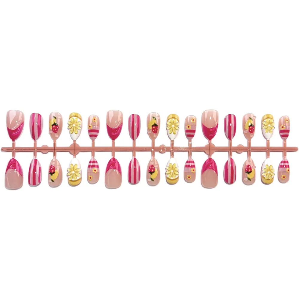 Nailhour 30Pcs Strawberry Lemon 3D Medium Almond French Press On Nails