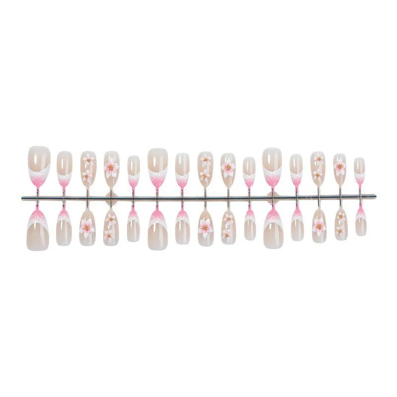 Nailhour 30Pcs Nude Gradient Floral Medium Almond Press On Nails