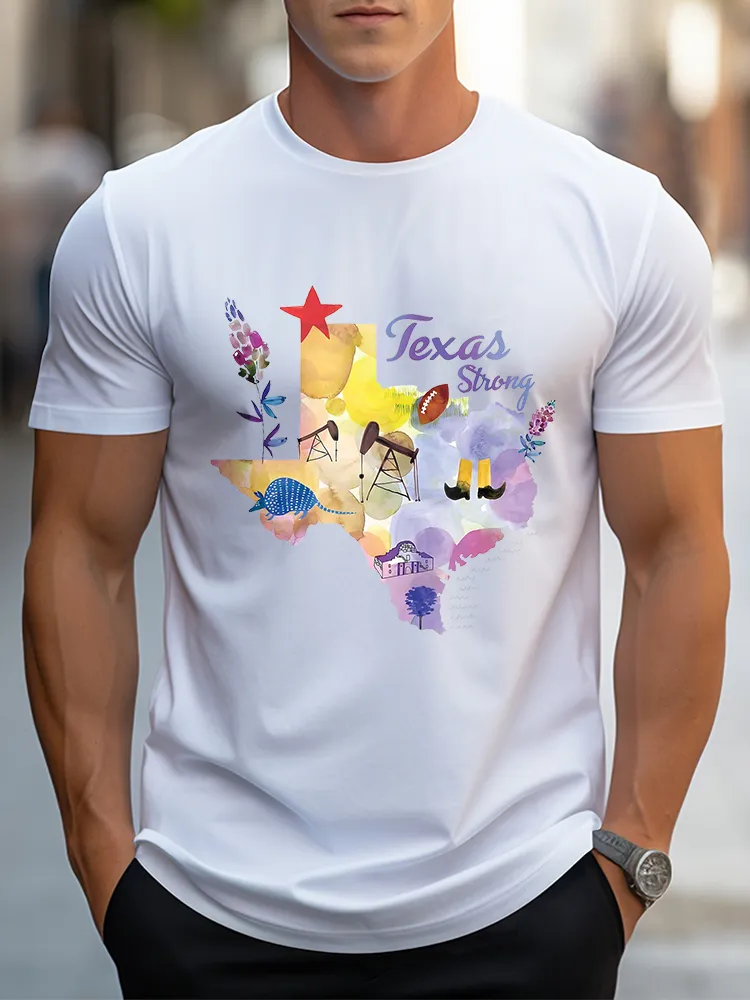 Men'S Casual Style Texas Strong Artistic Pattern Round Neck Slim Fit T-Shirt