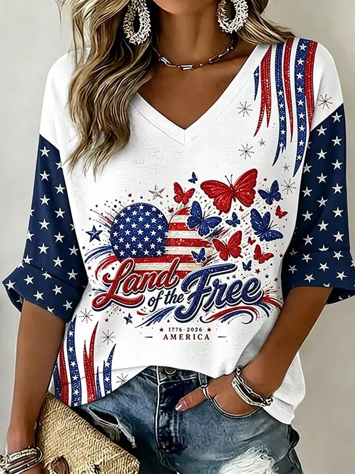Women's Retro Independence Day Anniversary Cotton Linen T-shirt
