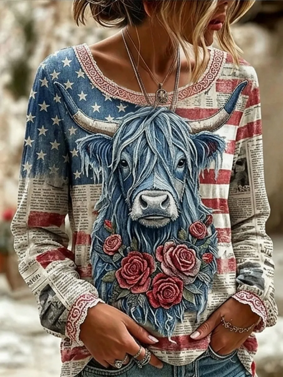 Vintage Highland Cow & Flag Patchwork Print Women's Linen Long Sleeve Shirt
