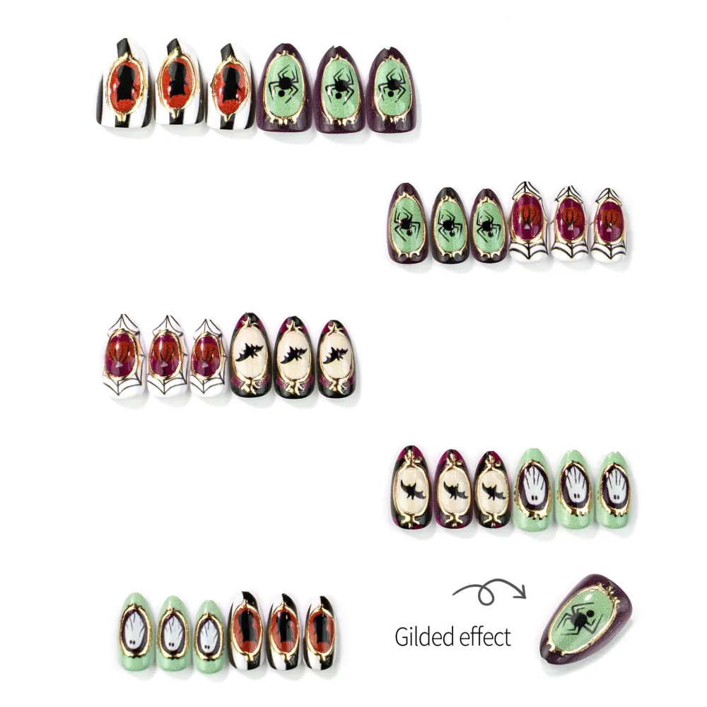 Nailhour 30Pcs Gilded Multicolor Bat Ghost Spider Halloween Short Almond Press On Nails