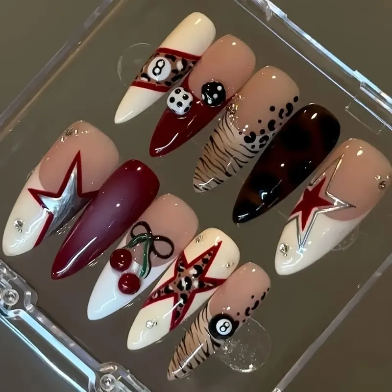 Nailhour 10Pcs 3D Handmade Daily Long Almond Press On Nails
