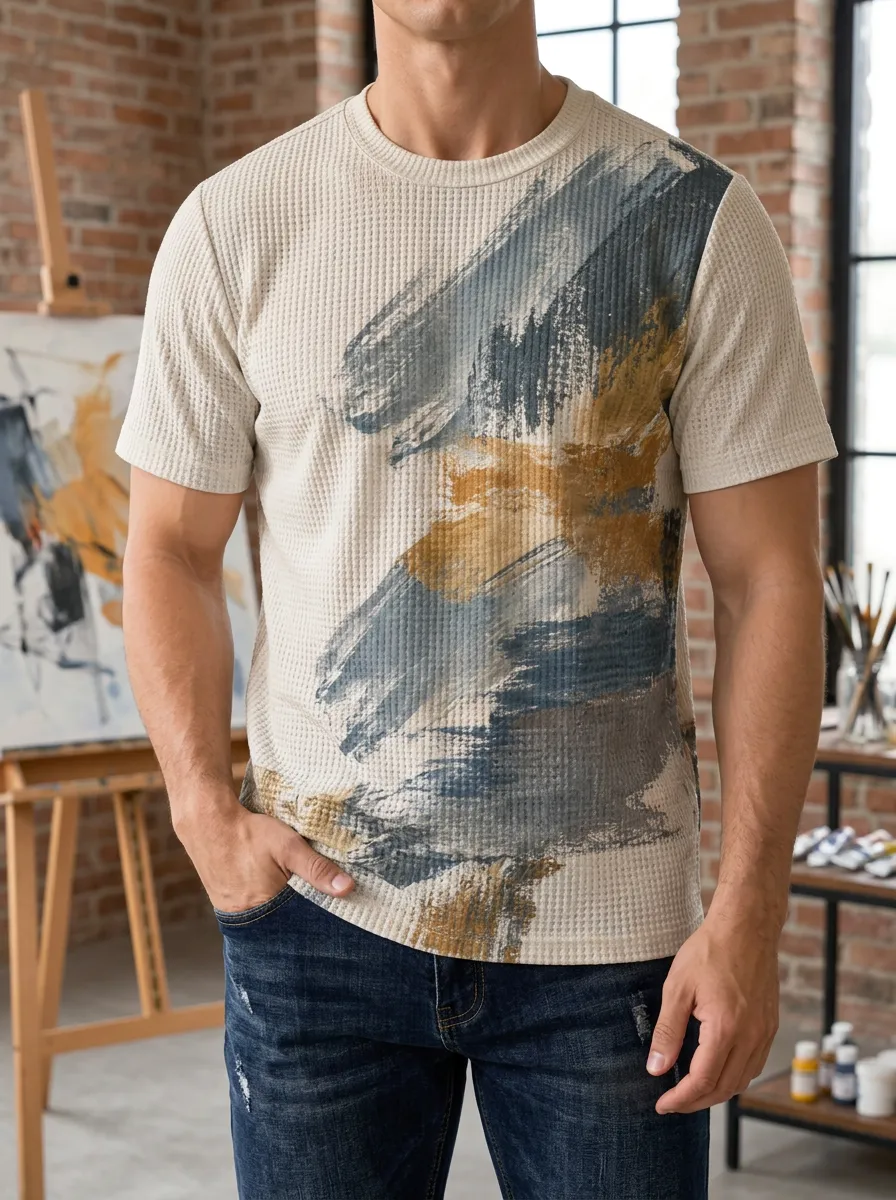 Men's Abstract Art Brushstroke Waffle Knit Modern Crew Neck T-Shirt