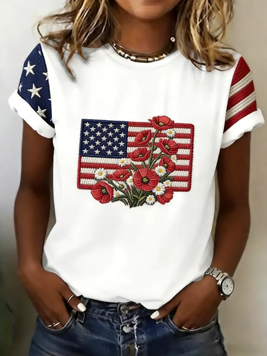 Women'S Casual Round Neck Patriot Red Friday Print T-Shirt