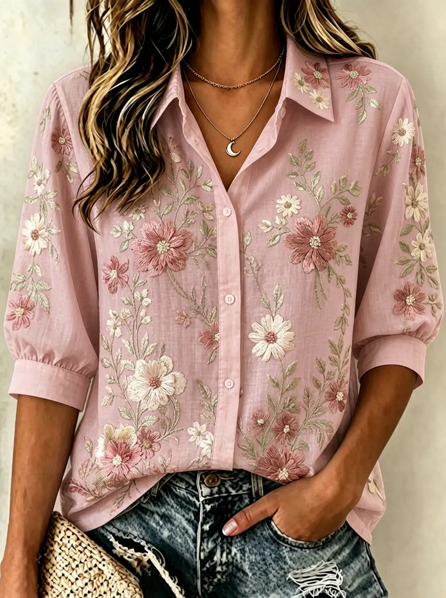 Women's Breast Cancer Awareness Pink Floral Embroidered Button-Down Shirt