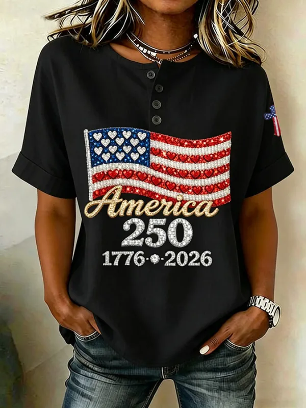 Women'S Casual America Flag Print Cotton Linen Button-Down Shirt