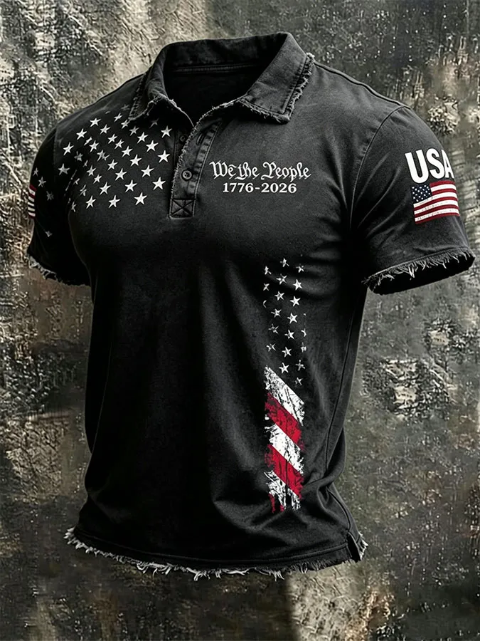 Men'S American Flag Print Casual Polo Shirt