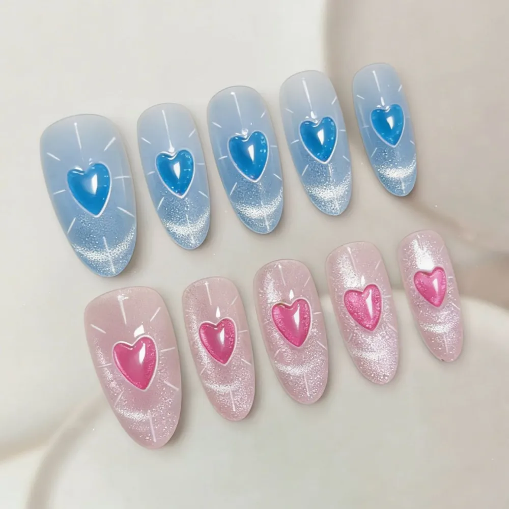 Nailhour 30Pcs Pink & Blue Heart Medium Almond French Gradient Press On Nails