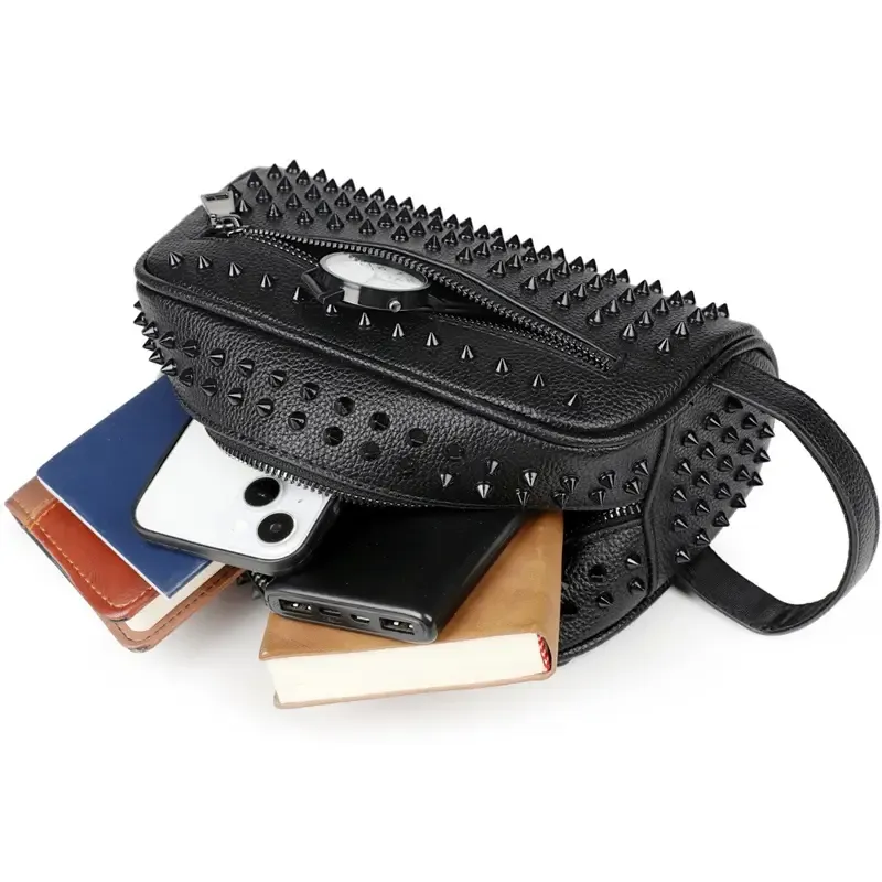 Black Men'S Punk Style Studded Clutch Bag