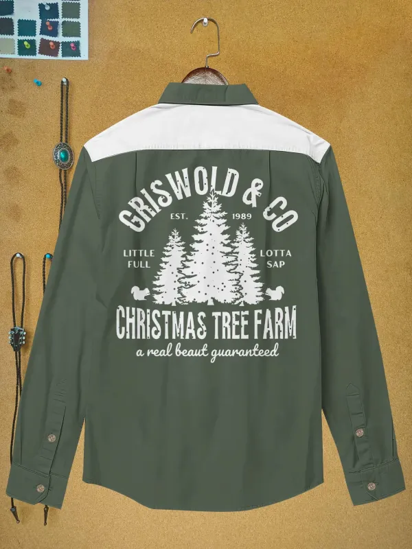 Christmas Family Vacation Tree Printed Hawaiian Shirt For Men Button-Down Shirt Long Sleeve 100% Cotton Shirt