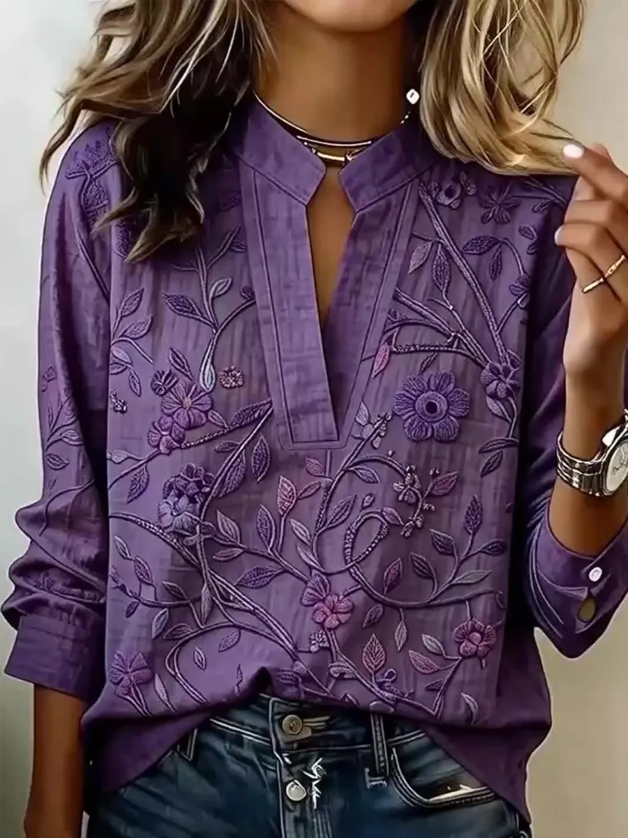 Women's Casual Cotton-Linen Style Embroidered Top