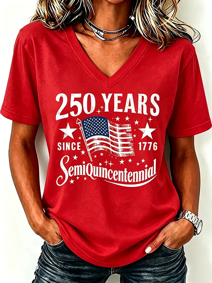 Ladies' Casual American 250Th Anniversary Commemorative Sequin Personalized Print V-Neck T-Shirt