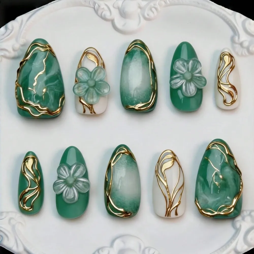 Nailhour 10Pcs Handmade Medium Almond 3D Gold Plated Press On Nails