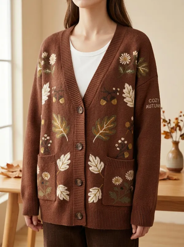 Acorn Leaf Floral Embroidered Women's Knit Cardigan