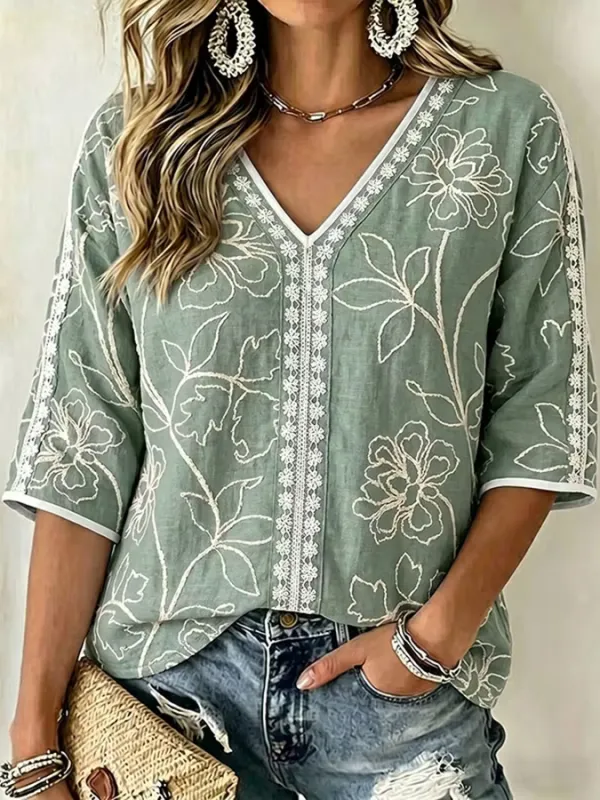Women's V-neck floral print shirt