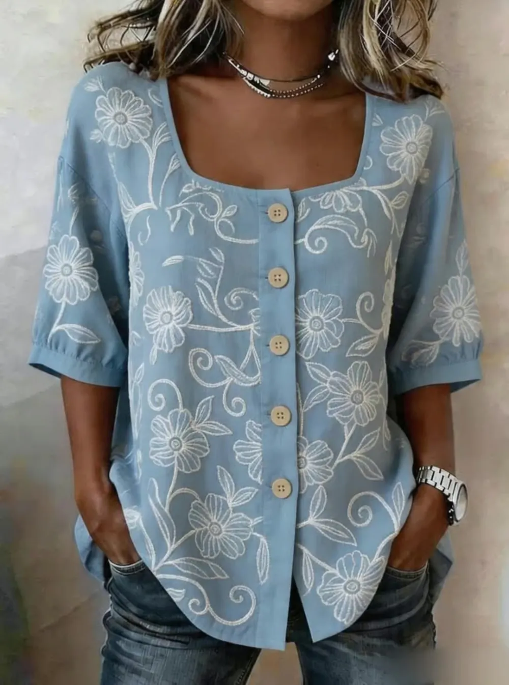 Women's Casual Short-Sleeve Positioning Print Cotton-Linen Top
