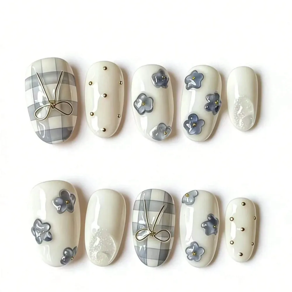 Nailhour 10Pcs 3D Handmade Medium Almond Flower Bow Press On Nails