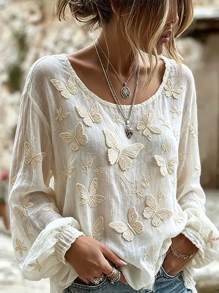 Women's Casual Simulation Butterfly Printed Cotton And Linen Top