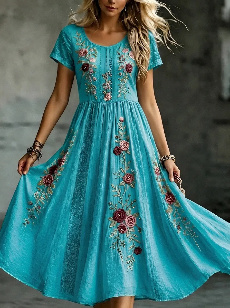 Women's Breast Cancer Awareness Floral Embroidered Printed Dress
